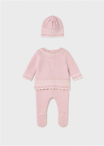 CONJUNTO 3 PIEZAS TRICOT RECIÉN NACIDA